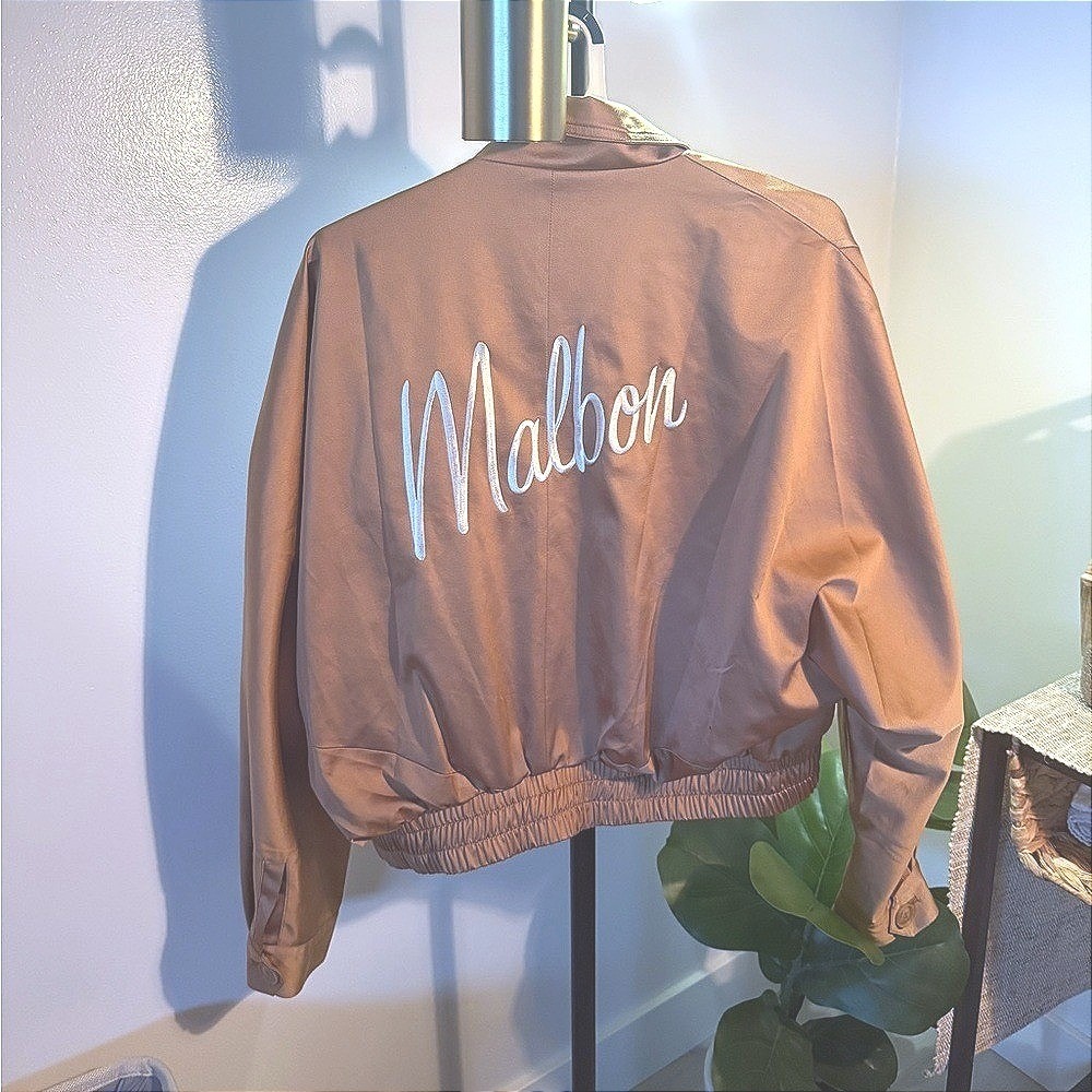 Malbon Retro OoS Embroidered Tan Bomber Jacket‎ – Size 10, Golf-Themed, Women